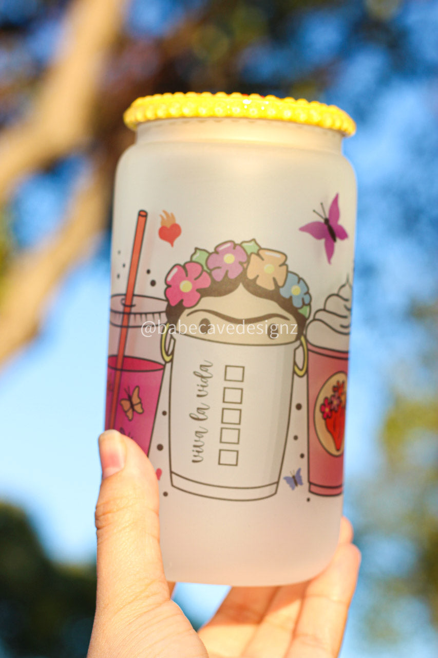 Frida Kahlo Cafecitos Glass Cup 17oz