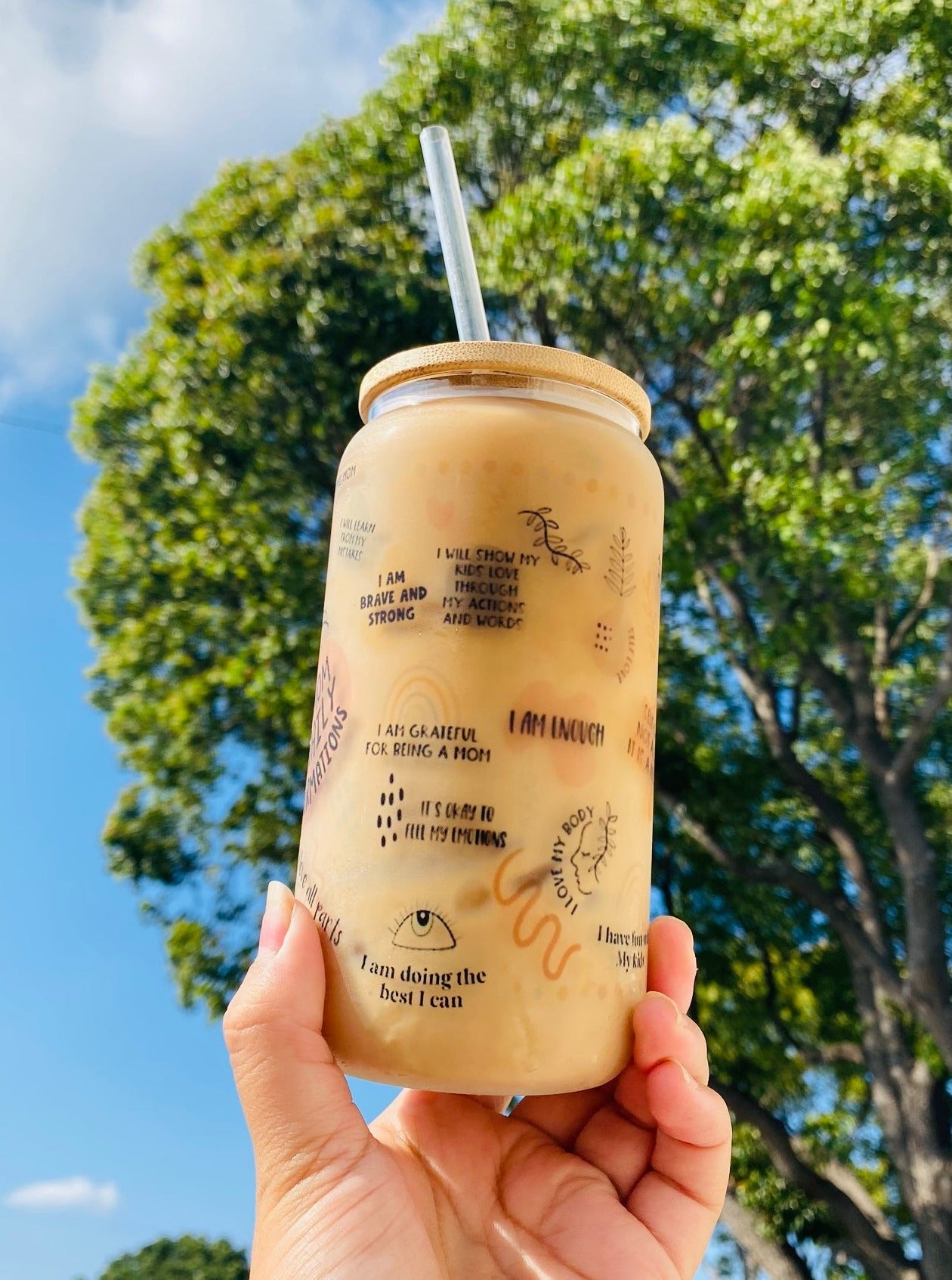 Positive Mom Affirmations iced coffee cup Glass 16oz