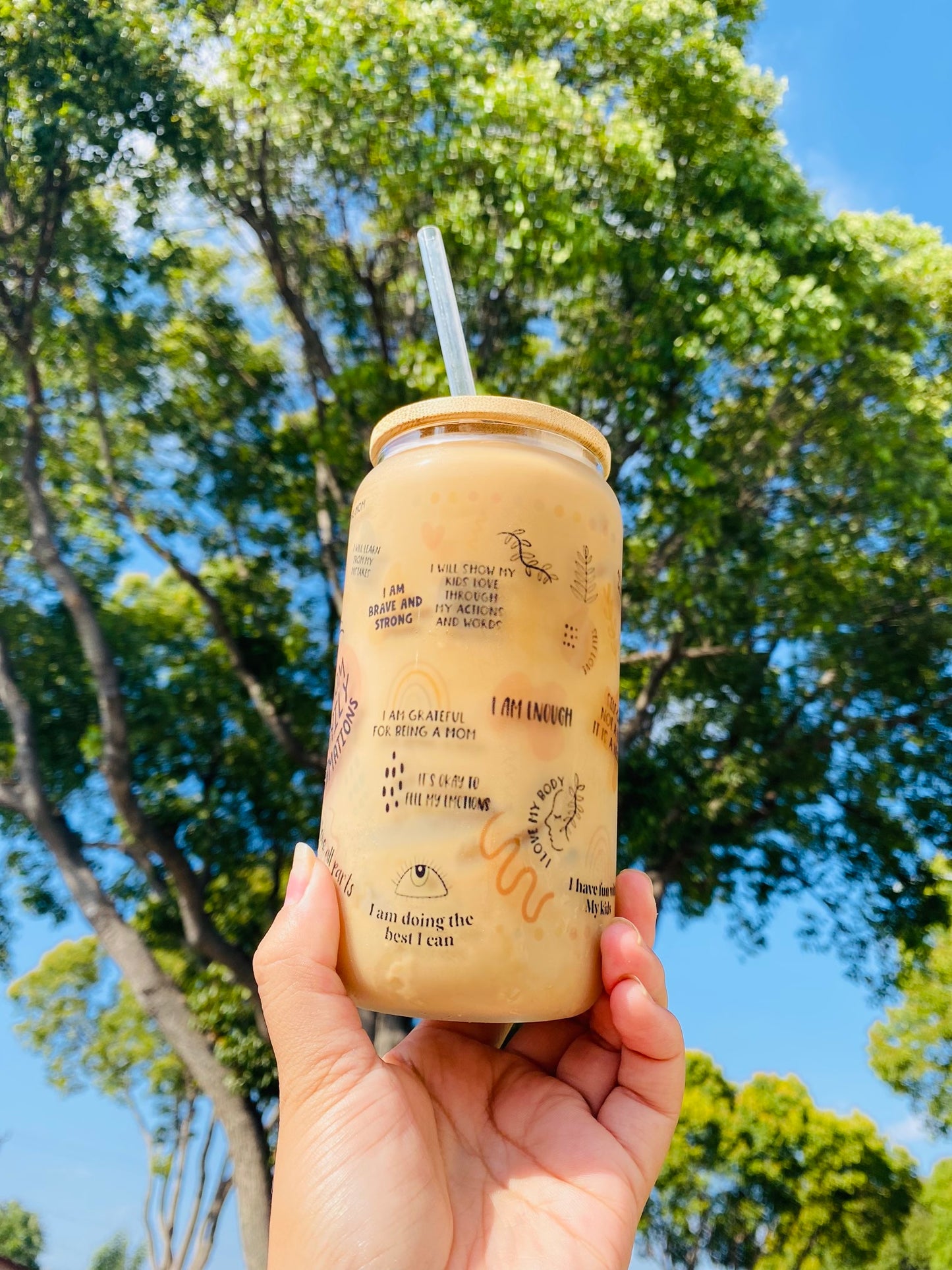 Positive Mom Affirmations iced coffee cup Glass 16oz