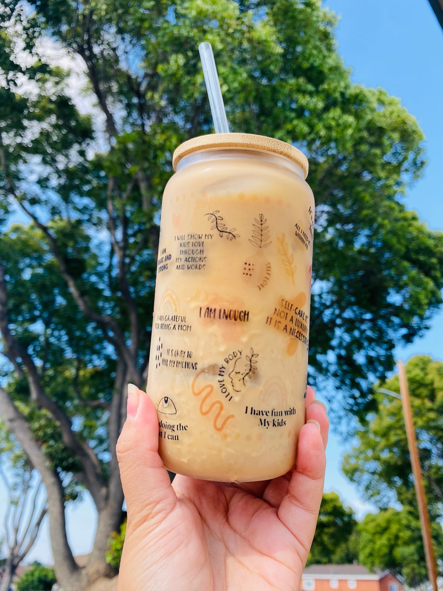Positive Mom Affirmations iced coffee cup Glass 16oz