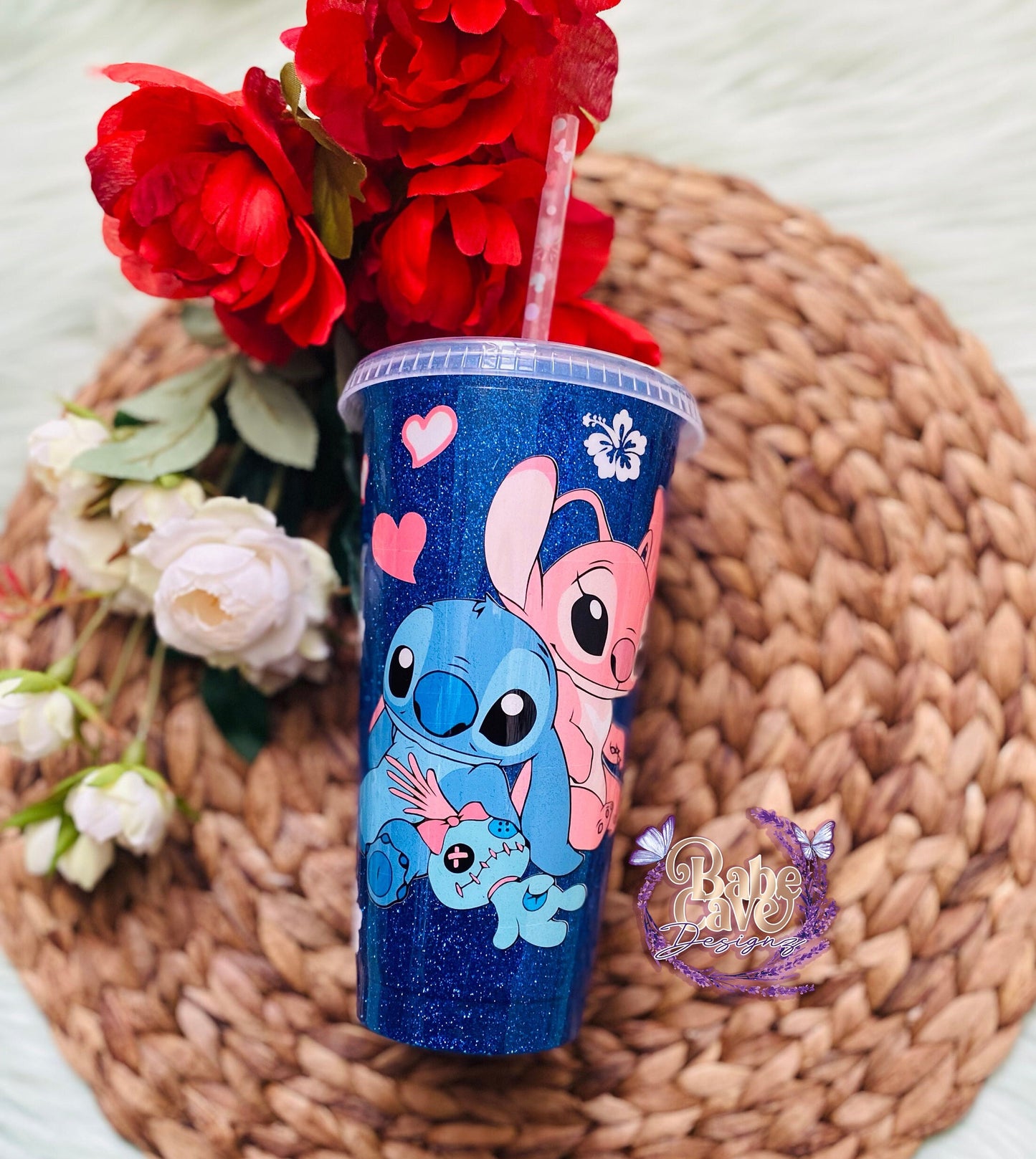Disney Stitch and Angel Valentine Light Up Tumbler w/ Lid & Straw 15.8 oz  (NEW)